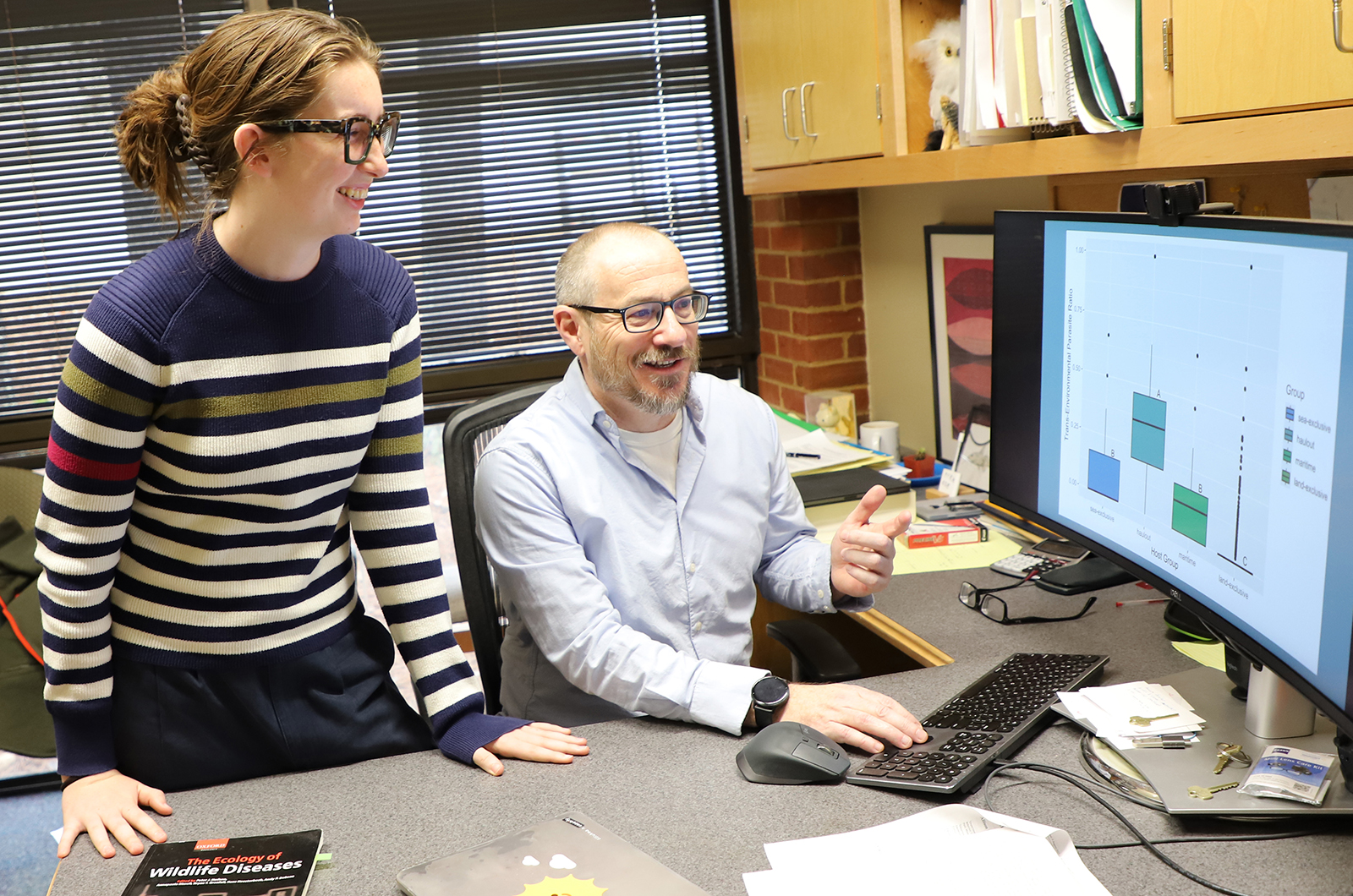 Finn Walsh, left, discusses with her faculty mentor, Andrew Park. They are looking at a desktop screen with graphs.